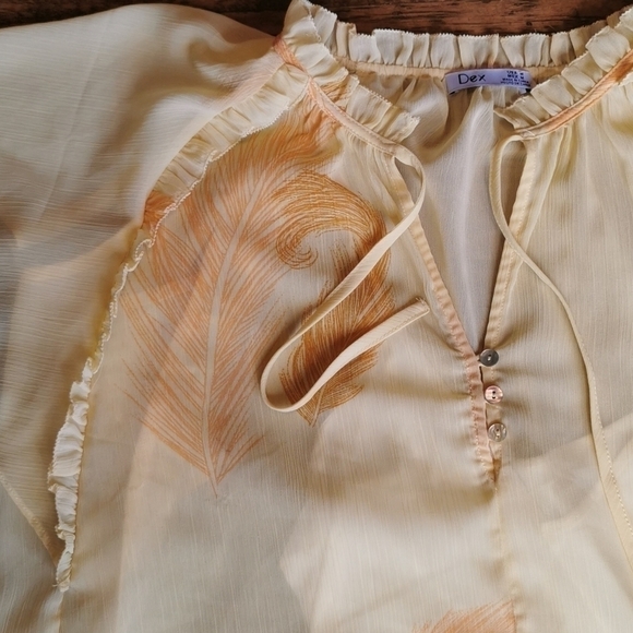 𝅺Dex Sheer Shirt Frill Boho Yellow Gold Feathers M - Picture 3 of 11